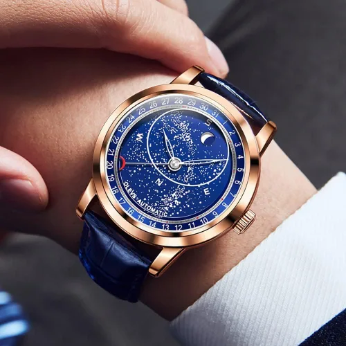 Vista 3 de OLEVS Reloj para hombre esfera de cielo estrellado Universo de Vía Láctea cuerda automática correa de cuero azul vestido de moda impermeable