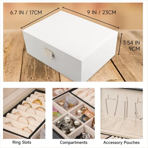 Vista 2 de Meschett Joyero de 2 capas, organizador de joyería de piel sintética con cerradura y bandeja extraíble, organizador de joyas para anillos, aretes