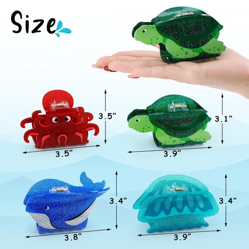 Vista 3 de 4 pinzas de pelo de animales marinos para mujeres y niñas, grandes, pinzas de pelo oceánicas, vida marina bajo el mar, tortuga marina, ballena