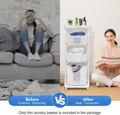 Vista 8 de Cesta de lavandería para baño, cesta de almacenamiento de ropa multicapa, cesta de lavandería de 3 niveles con ruedas, cesta clasificadora de ropa