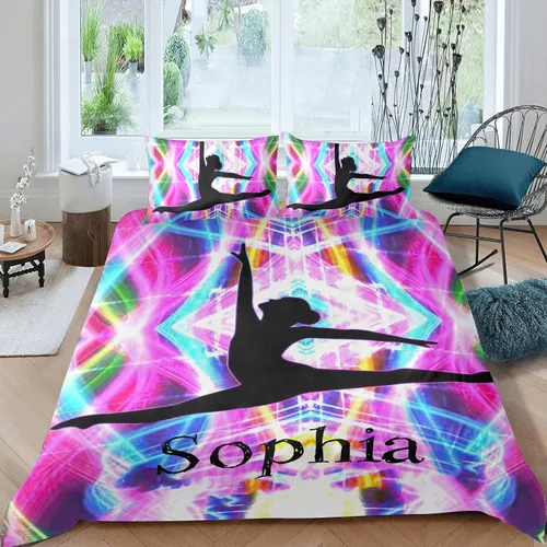 Vista 14 de Juego de ropa de cama personalizada de 3 piezas para niñas con mosca de gimnasia, tamaño individual, funda de edredón personalizada con nombre