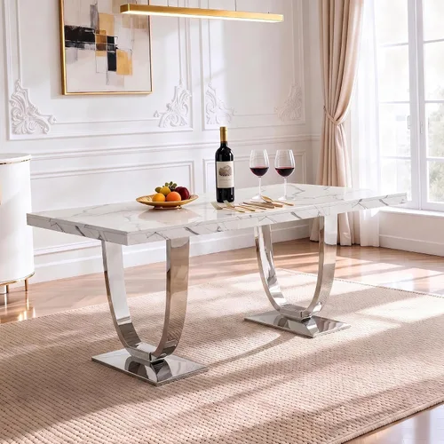 Vista 11 de Henf Mesa de comedor rectangular de mármol sintético blanco de 70 pulgadas Blanco & Oro
