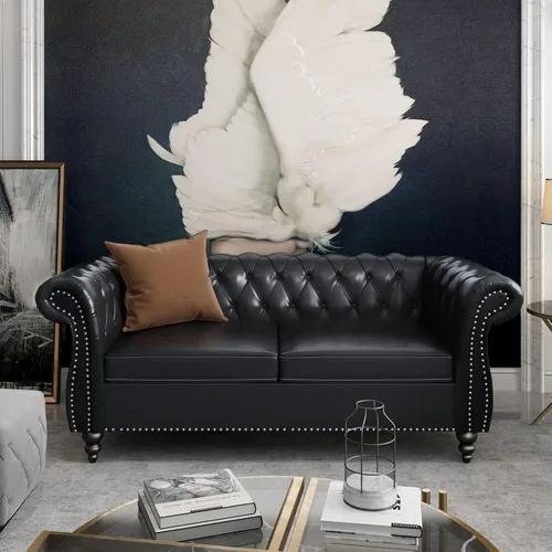 Vista 17 de AVZEAR Sofá Chesterfield de 84 pulgadas, 3 plazas, sofá clásico de cuero PU con brazos enrollados y respaldo con botones capitoné, sofá tipo canapé