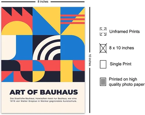 Vista 2 de Bauhaus Póster geométrico para pared, arte moderno retro vintage, arte contemporáneo, rojo, amarillo, azul, negro, arte de pared moderno de mediados