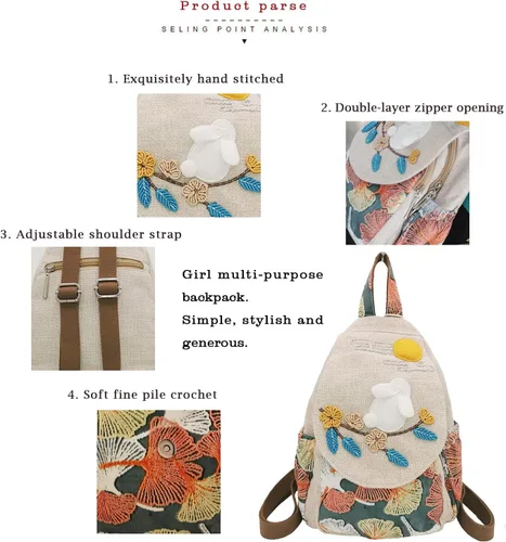 Vista 24 de HUANGGUOSHU Mochila de algodón tejida de algodón bohemio con bordado de lona estilo bohemio con múltiples bolsillos retro linda mochila cartera