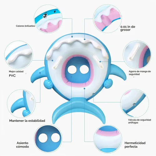 Vista 5 de Flotador de piscina para bebés con toldo inflable de tiburón para niños de 6 a 36 meses