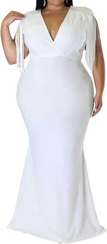 Vista 3 de Vestido ajustado de talla grande para mujer, elegante, manga con borlas, sexy, cuello en V, vestido largo para fiesta de noche