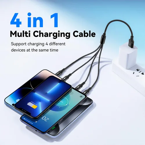 Vista 2 de RULUS Cable de carga múltiple corto [2 unidades/13.8 in], cable multiUSB 4 en 1, cable de carga rápida trenzado, cable de carga USB universal