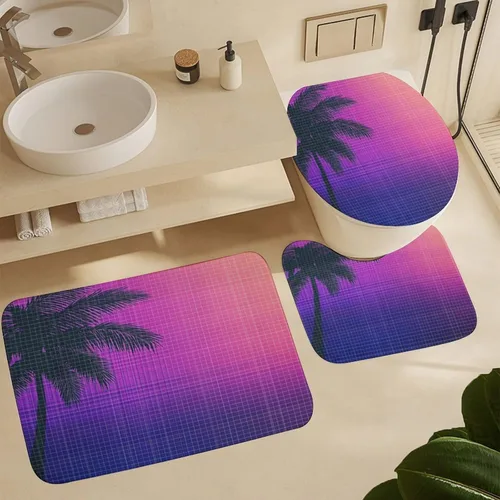 Vista 6 de 4 cortinas de ducha abstractas de los años 80 con diseño de hojas de palma, moderna ilustración de rejilla de neón Synthwave Anime juego de baño