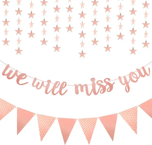 Vista 5 de Cartel de graduación con purpurina dorada con texto en inglés "We Will Miss You and Triangle", pancarta de estrella en espiral para decoración