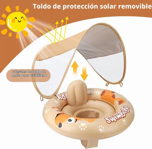 Vista 2 de Flotador inflable de natación para bebé con asiento seguro y toldo para niños de 6 a 36 meses beige dog