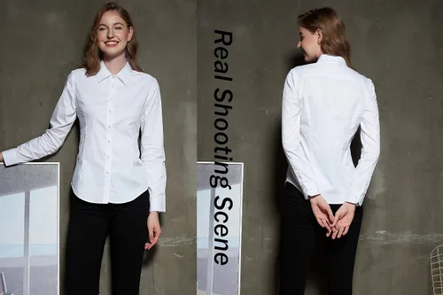 Vista 4 de DIYUS Blusa de trabajo de manga corta de algodón elástico con botones para mujer