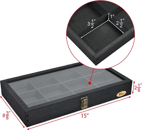 Vista 2 de Ikee Design Elegante caja de almacenamiento de joyas de madera con tapa de vidrio, 12 compartimentos, ideal para anillos, pulseras, piedras