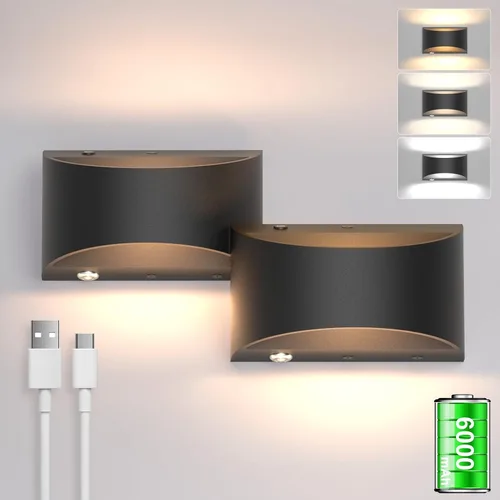 Vista 10 de Aipsun Aplique de pared blanco con pilas, 2 unidades, luces LED de pared recargables USB, luz de pared regulable para interiores para sala de estar