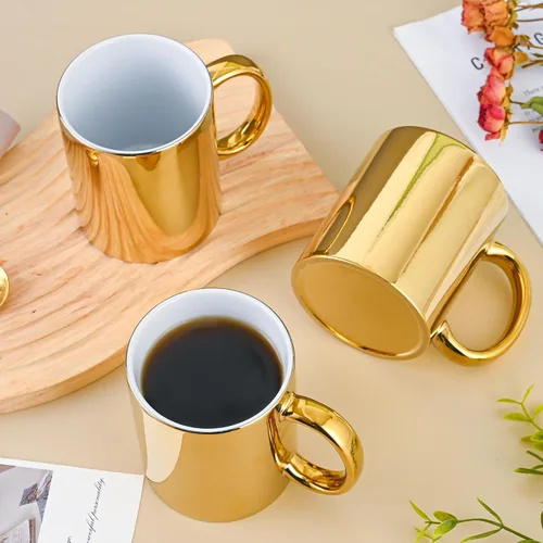 Vista 6 de BYCNZB Juego de 4 tazas de café de cerámica doradas para café, té, cacao (12 onzas)