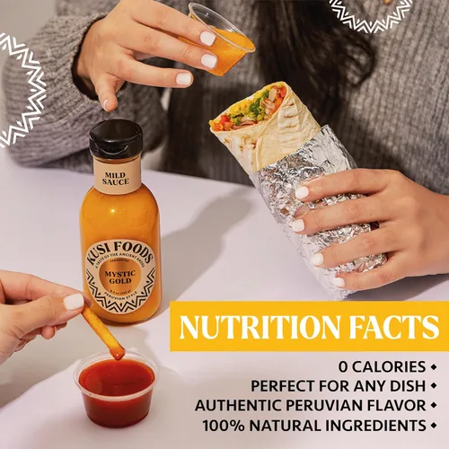 Vista 3 de Kusi Foods MYSTIC GOLD - Salsa picante peruana suave, hecha con chiles amarillos, plátano y charapita aji, afrutado, ligeramente dulce y picante
