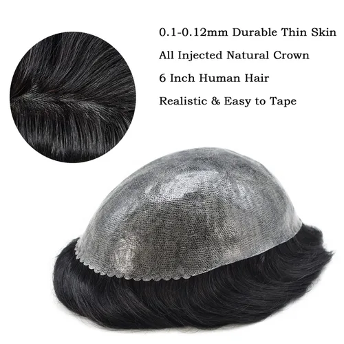Vista 3 de Toupee para hombres todos inyectados PU sistema de reemplazo de cabello humano para hombres piel fina tupé transparente hombres pieza de pelo