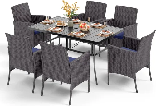 Vista 24 de PHI VILLA Juego de comedor al aire libre de 7 piezas para 6, mesa rectangular de hierro forjado de 152 cm con orificio para sombrilla y sillas