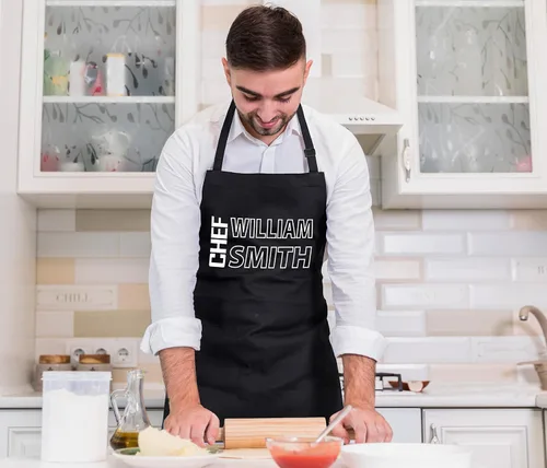 Vista 3 de Delantal de chef personalizado con nombre – Delantal personalizado para hombres, regalo de cocina de barbacoa para papá, marido o abuelo – Delantal