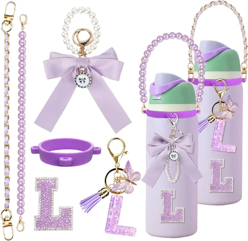 Vista 25 de 6 piezas de accesorios con letras para botella de agua Owala 24 oz 32 oz 40 oz, con lindos dijes iniciales y correa para el asa, compatible