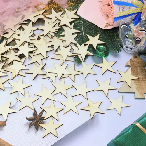 Vista 7 de yueton 100 piezas de madera de estrella en blanco sin terminar de 1.575 in/1.57 pulgadas, rebanadas de madera, adornos de estrella de madera