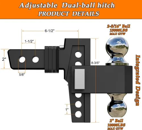 Vista 10 de VNN Enganche de caída ajustable - caída de 6 pulgadas, receptor de 2 pulgadas, 3 montajes de bola sólida intercambiables de 1-7/8", 2", 2-5/16