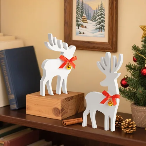 Vista 6 de Decoración navideña de reno de madera – 2 piezas de decoración navideña de ciervo de madera con lazos y campanas, decoraciones navideñas de granja
