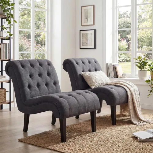 Vista 14 de Silla decorativa de piel sintética negra moderna con botones capitoné tapizada sin brazos para dormitorio, sala de estar con patas de madera Silla
