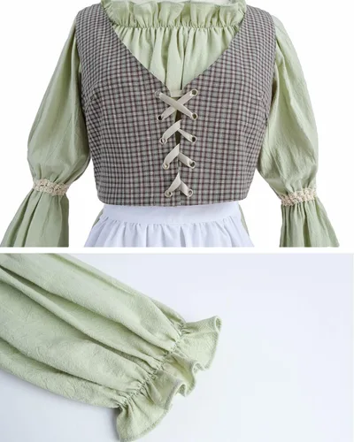 Vista 9 de Nuoqi Colonial Dress Women Green Pioneer Dress Adult Prairie Dress Costume with Apron 4 Pcs Set