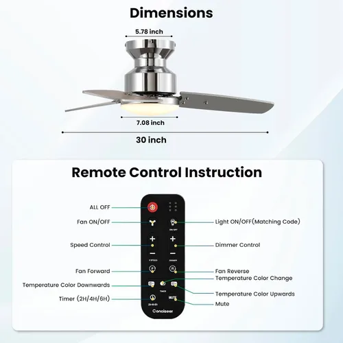Vista 9 de Conciseer - Ventiladores de techo de 30 pulgadas con luces y control remoto, para dormitorio, sala de estar, oficina, montaje empotrado, 3CCT