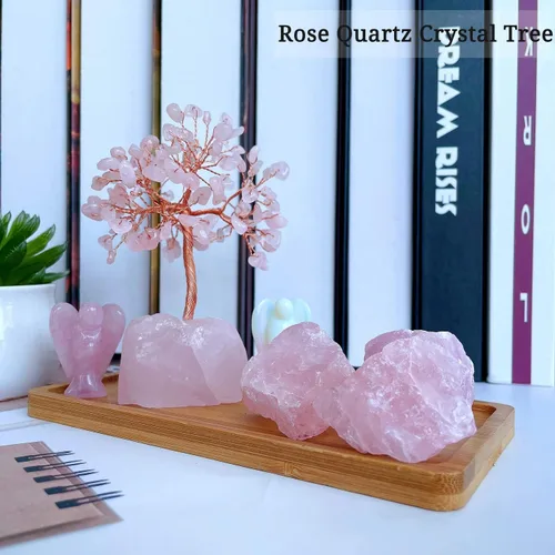 Vista 2 de DUQGUHO Árbol de cristal de cuarzo rosa, decoración rosa de cristal curativo, decoración de árbol de piedra preciosa de reiki de la suerte, regalos