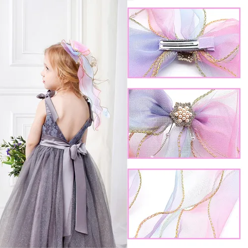 Vista 3 de 2 lazos para el pelo con cinta arcoíris para niñas, pasadores de pelo con lazo de princesa, lazos coloridos, pinzas de cocodrilo, accesorios