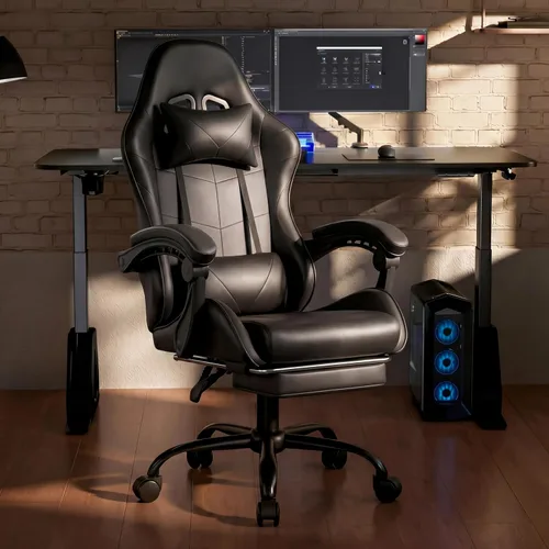 Vista 2 de Silla de juego, reposapiés ergonómico, lumbar y reposacabezas Negro