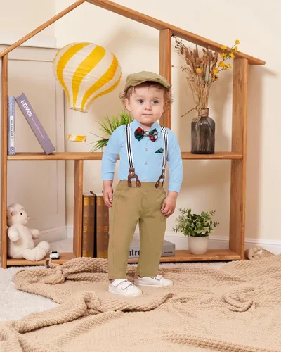 Vista 2 de WESIDOM Ropa de bebé niño 0-18M recién nacido traje de caballero, camisa+pajarita+boina+pantalón con tirantes Conjunto de ropa para bebé niño