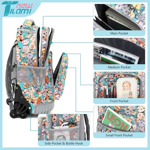 Vista 3 de NEW TILAMI Mochila con ruedas para niñas y niños de 1618 pulgadas, mochila para computadora portátil para niños, mochila escolar de viaje, Gatos