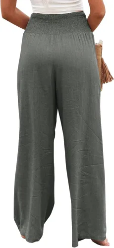Vista 5 de Pantalones de lino de primavera para mujer, pantalones casuales palazzo, cintura alta, bohemios, piernas anchas, holgados, con bolsillo
