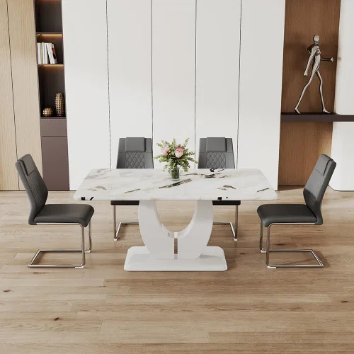 Vista 109 de JUFU Juego de mesa de comedor moderno para 4, juego de mesa de cocina rectangular de 63 pulgadas con mesa de mármol sintético y 4 sillas tapizadas