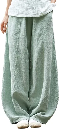 Vista 11 de Pantalones de lino y algodón holgados para mujer, con cintura elástica para relajarse. Pantalones estilo harén Verde militar