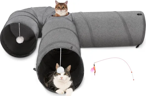 Vista 12 de Ownpets Túnel para gatos, túnel plegable de 3 vías, tubo para gatos de 47 pulgadas de largo con bola de felpa y juguete de plumas, túnel de juego