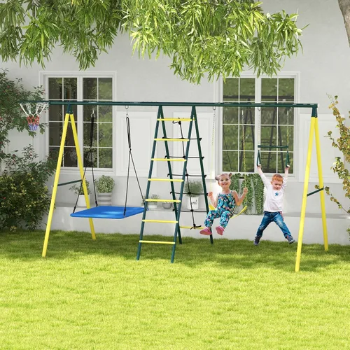 Vista 2 de Outsunny Juego de columpios de 440 libras para patio trasero, soporte 5 en 1 resistente con marco en A, juego al aire libre para niños, con columpio