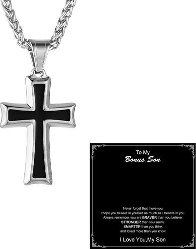 Vista 12 de HZMAN Collar con colgante de cruz de acero inoxidable para hombres con cadena de trigo Negro & rojo