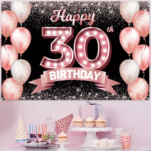 Vista 258 de Cartel de feliz cumpleaños décimo oro rosa, telón de fondo, saludos a 10 años, globos de confeti, decoración temática para niñas de 10 años