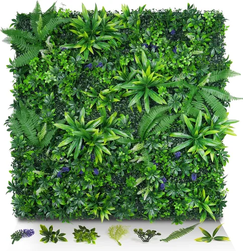 Vista 9 de Paneles de pared de césped de 20 x 20 pulgadas, 16 piezas de fondo de vegetación artificial con hojas resistentes a los rayos UV, decoración
