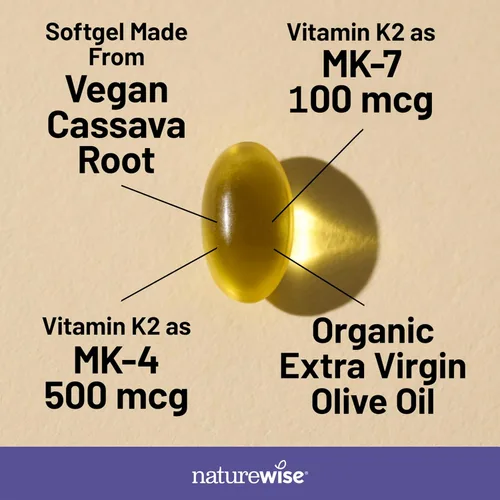 Vista 3 de NatureWise Suplemento de vitamina K2 de 600 mcg con MK-7 100mcg y MK-4 500mcg - Fórmula mejorada biodisponible - Complejo K para la salud ósea