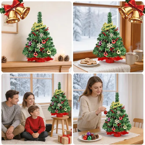 Vista 6 de Mini árbol de Navidad artificial de 2 pies, puntas y base de PVC de alta calidad, pequeños árboles de Navidad para mesa, hogar, oficina, decoración