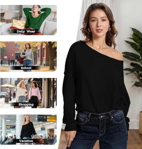 Vista 2 de FAlABLE - Suéter para mujer con hombros descubiertos y cuello barco, pullover holgado de manga larga, acogedor de punto, para otoño e invierno, tops
