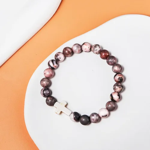 Vista 3 de Regalos cristianos para mujeres, hombres, pulsera elástica de cuentas cruzadas católicas religiosas, regalos de joyería curativa de piedra natural
