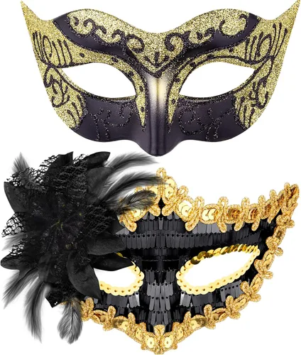 Vista 29 de Juego de Máscaras para Pareja de SIQUK, Máscara de Fiesta Veneciana, Máscara de Disfraz