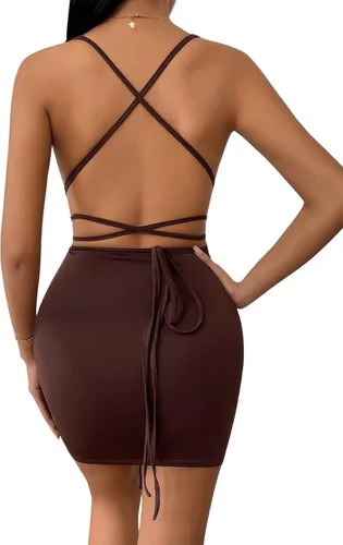 Vista 2 de Verdusa Mini vestido ajustado con cordón fruncido y espalda descubierta con cuello en V profundo para mujer