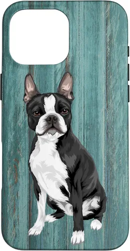 Vista 19 de Boston Terrier Faux Blue Wood Background Case for iPhone 17